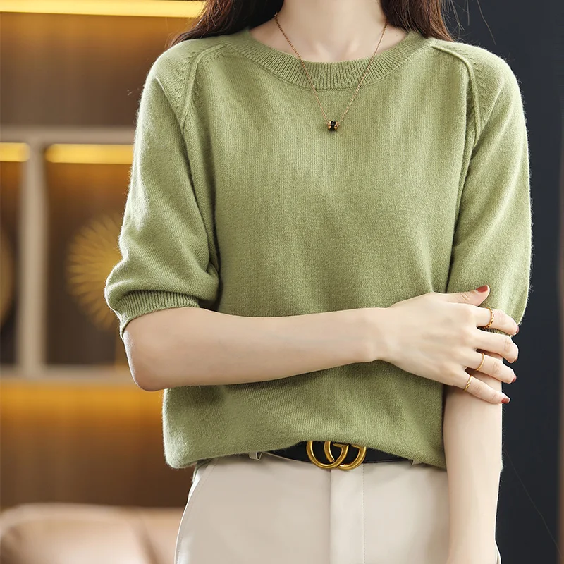 Spring New 100%Pure Wool T-Shirt Ladies Round Neck Knit Short Sleeve Loose Cashmere Sweater Summer Wild Knit Pullover Base Tops