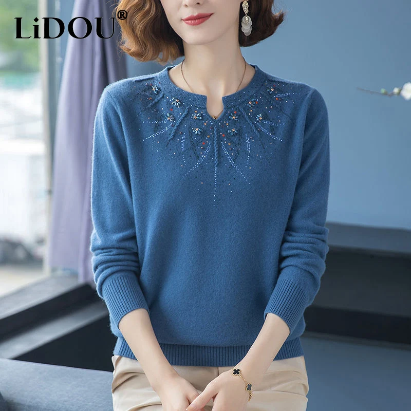 2023 Autumn New Solid Color Round Neck Long Sleeve Cashmere Sweater Women Vintage Embroidered Rhinestone Pullovers All-match Top