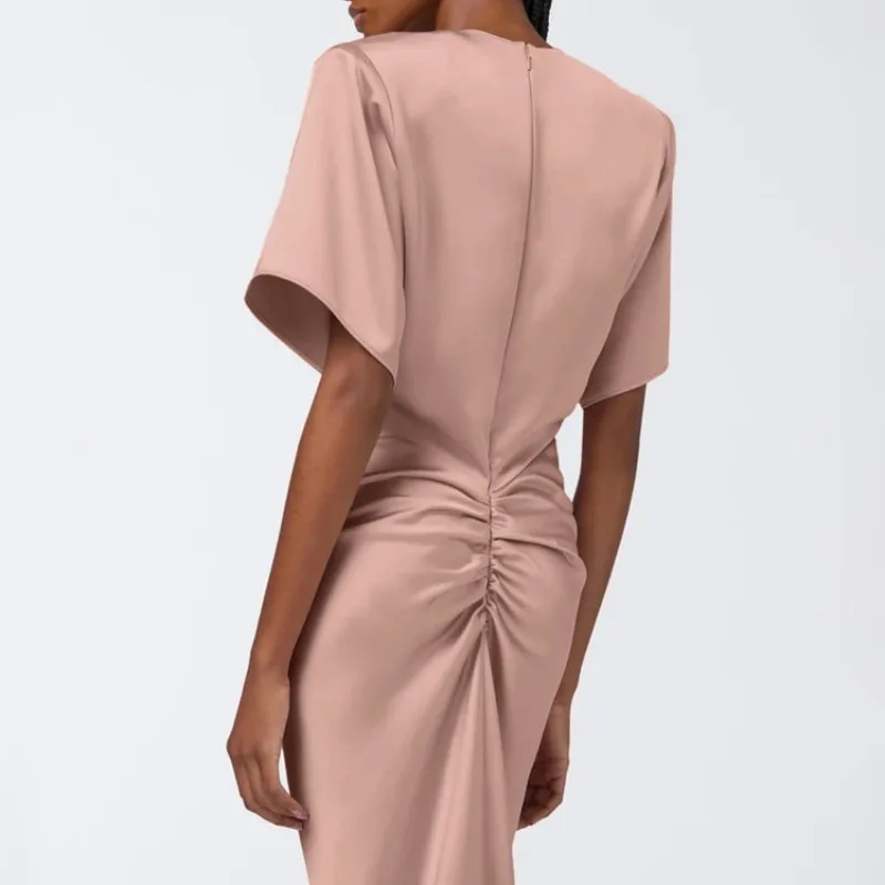 Elegantes 2026 Damen Satin Meerjungfrauen-Cocktailkleid Sommer Rundhals Kurzarm Gerafftes Hochgeschnittenes Bodycon Abendkleid – Detail 15