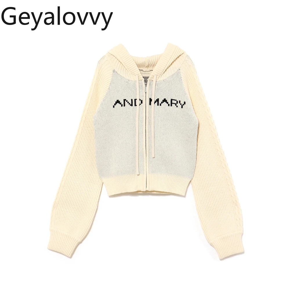 النمط الياباني الحلو متعدد الاستخدامات للفتيات رسالة الجاكار سستة محبوك كم طويل مقنع سترة قصيرة سستة + بروتيل