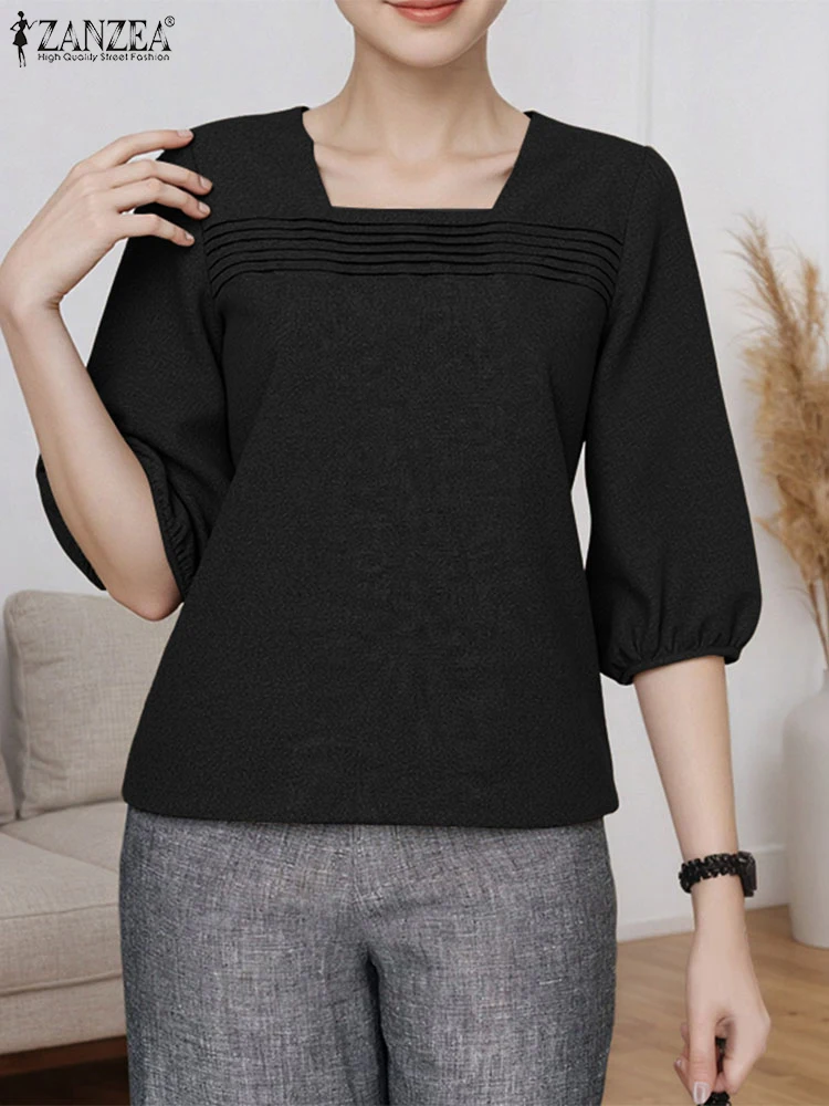 เสื้อเชิ้ตคอเหลี่ยม ZANZEA รุ่น Autumn ปี 2025 เสื้อผู้หญิงลำลองทรงหลวม แขนทรงโคมไฟ 3/4 แฟชั่นวินเทจ สีพื้น