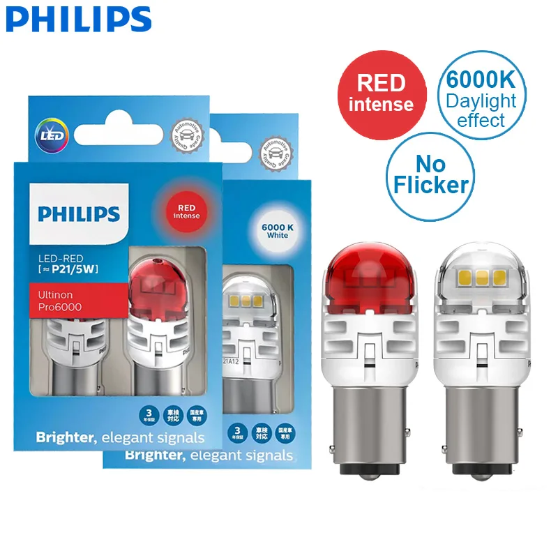 Philips Ultinon Pro6000 LED P21/5W 1157 S25 Two Contacts Red White Car Turn Signal Stop Lamps No Flash Flickering Error Free, 2x