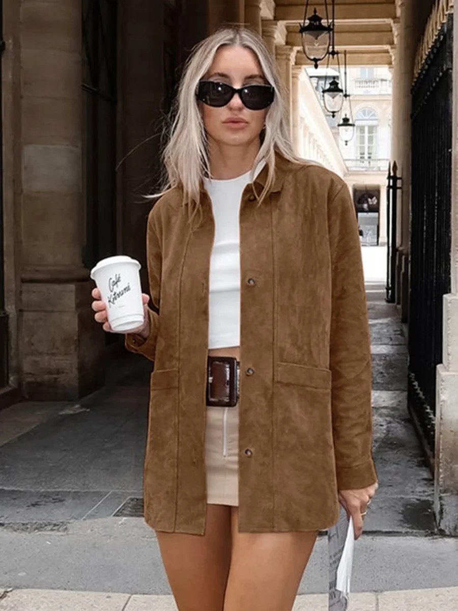 Woman Chic Brown Lapel With Pocket Suede Jacket Vintage Single Breasted Long Sleeve Short Coat Autumn Lady High Street Outerwear