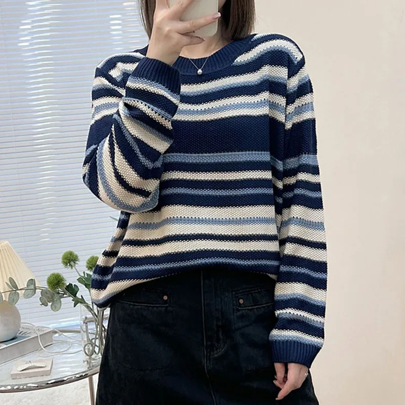 

Новые женские вязаные свитера с длинным рукавом, повседневные пуловеры с круглым вырезом, вязаный свитер в полоску, женские топы, трикотаж Q3125