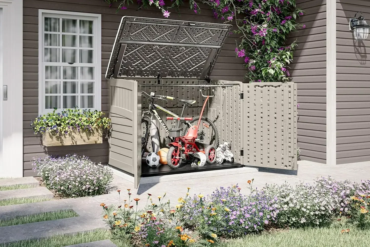 5.9 ft. x 3.7 ft Horizontal Stow-Away Storage Shed - Natural Wood-Like Outdoor Storage for Trash Cans and Yard Tools - All-Weath