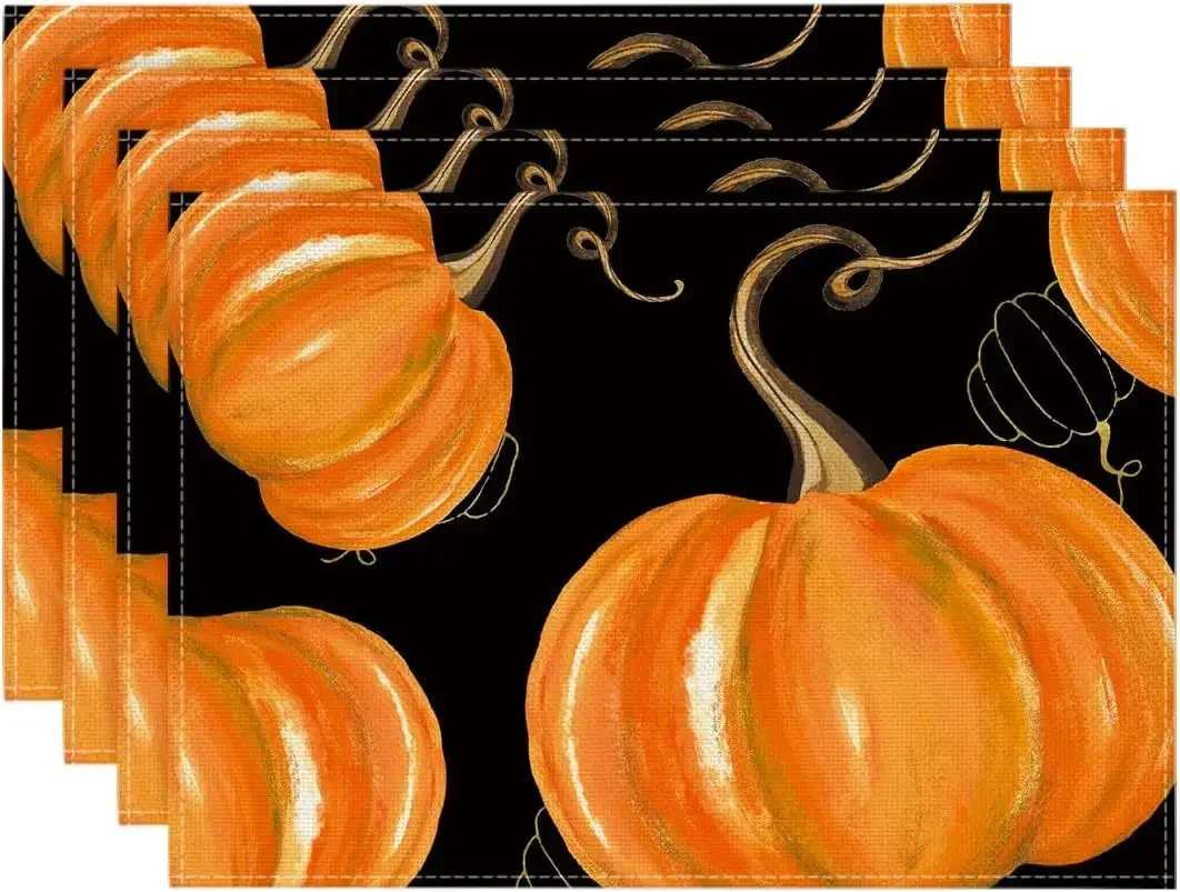 Fall Thanksgiving Table Mats Set Of 4 Fall Pumpkin Maple Leaves Buffalo Plaid Placemats Seasonal Holiday Thanksgiving Placemats