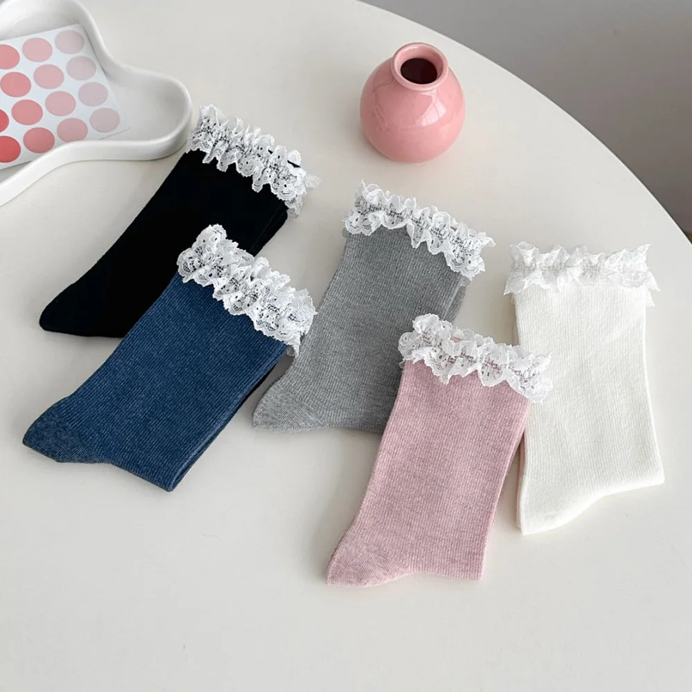 

2 Pair Women's Socks Set Solid Color With Lace Trim Middle Tube Long Autumn Winter Casual Socks Sweet Cute Everyday Wear Socken