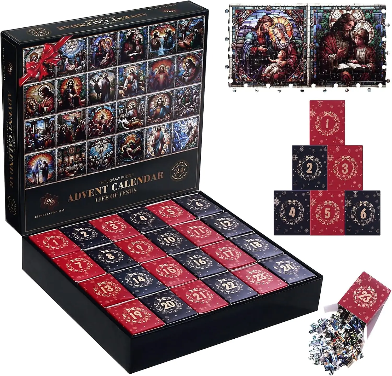 

1008 Piece Stained Glass Jesus Life Jigsaw Puzzle Advent Calendar 2025 for Adults Family Christmas Countdown Holiday Decoration