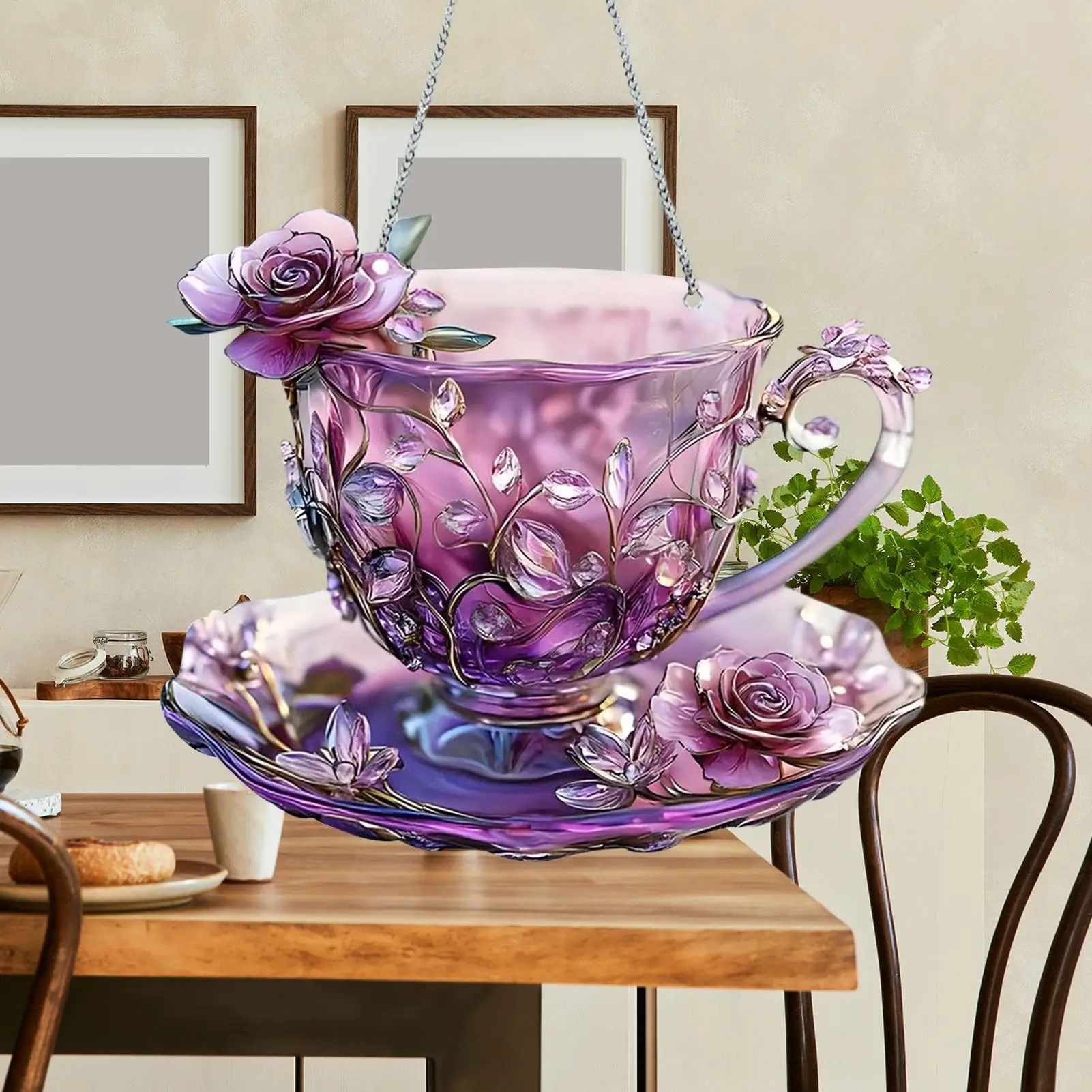 2D Acrylic Ornament Flower Coffee Cup Flat Acrylic Pendant Embossed Design Sunlight Catching Decoration for Indoor Outdoor