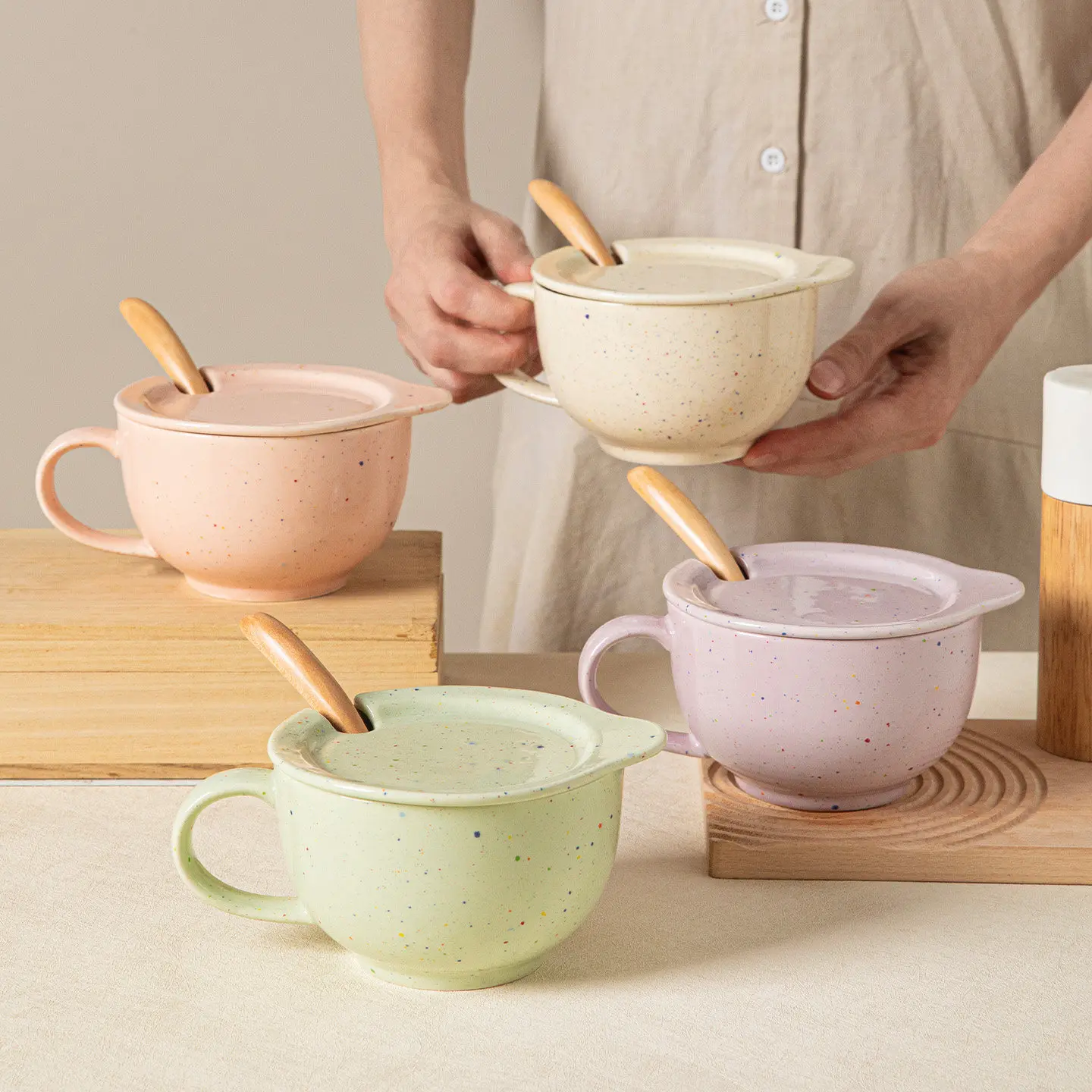 500ml Ceramic Mug Splashing Ink Style Breakfast Oatmeal Cup Large Capacity Water Cup with Lid and Wooden Spoon Yogurt Tea Mugs