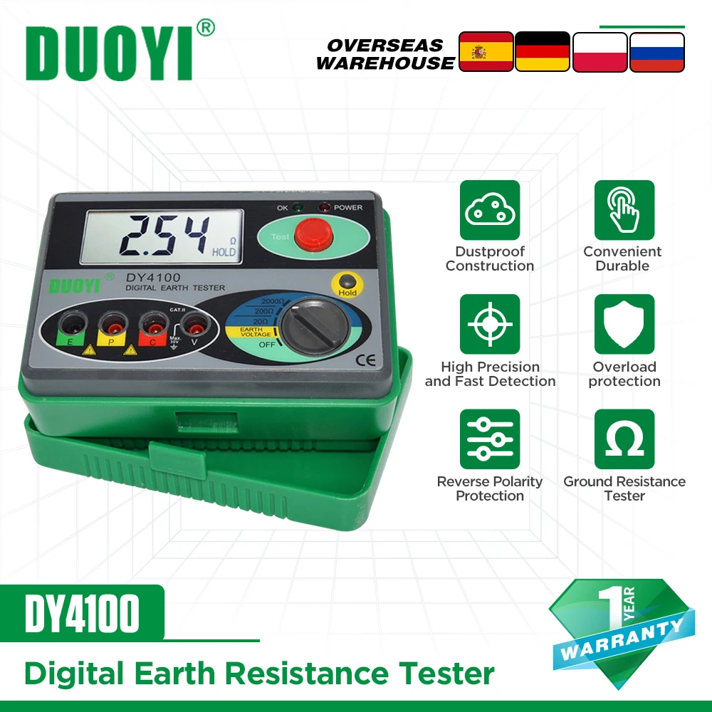 For DUOYI  DY4100 Ohm Real Digital Megohmmeter Earth Ground Resistance Meter 0-2000 Ohm Instruments Inspection Resistance Tester