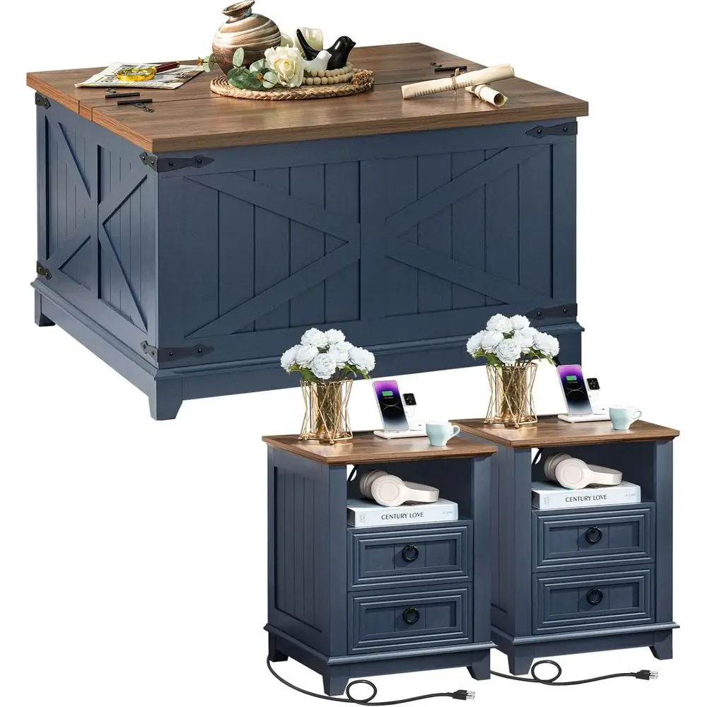3-Piece Coffee Table Set with Charging Station, Storage Organizer, and Nightstand in Blue for Living Room, Office, or Home