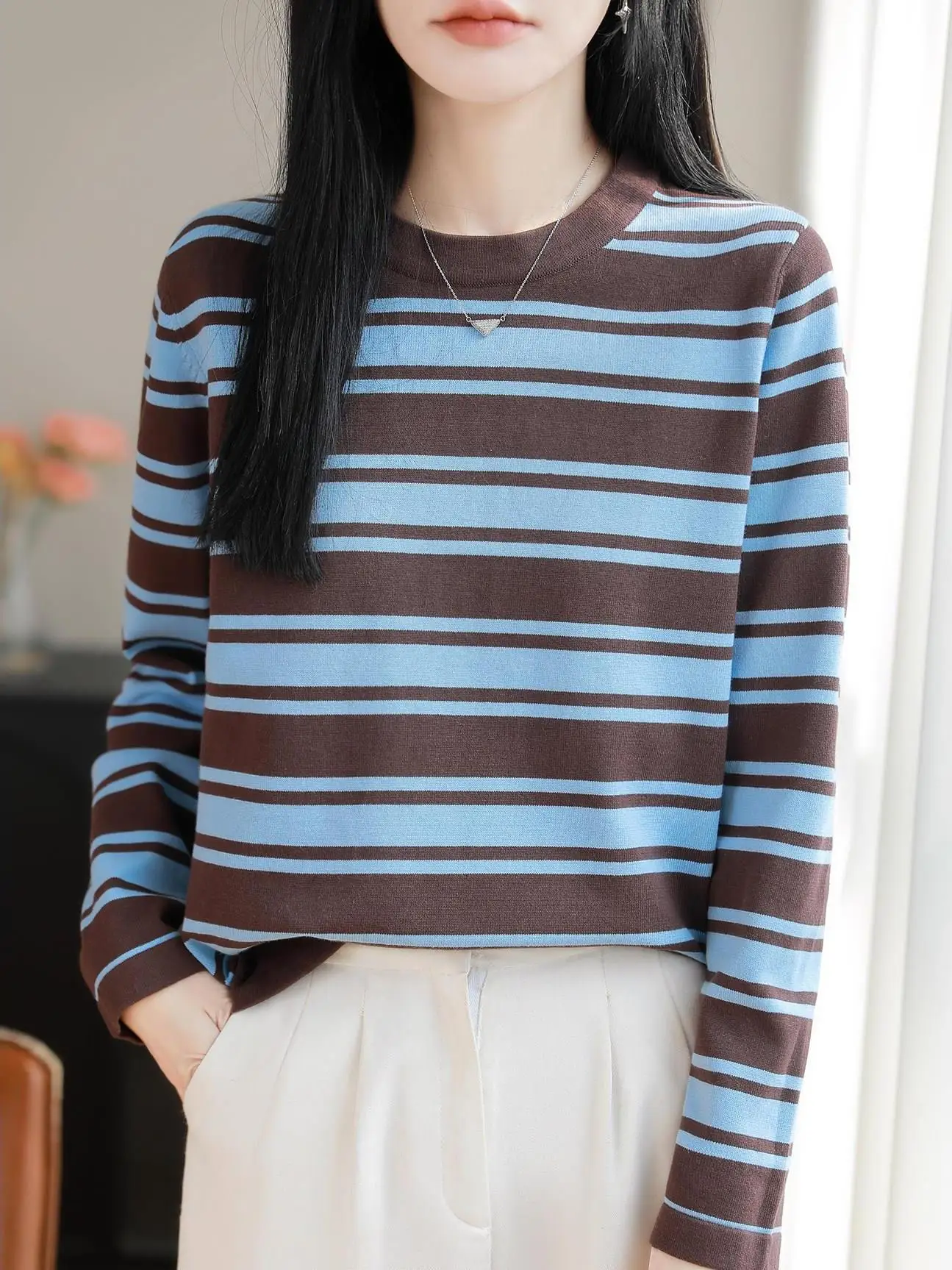 Classic Women's round Neck Knitwear Pure Cotton Stripe Color Block Base Layer Top Casual Loose Fit Soft Cotton Long Sleeve