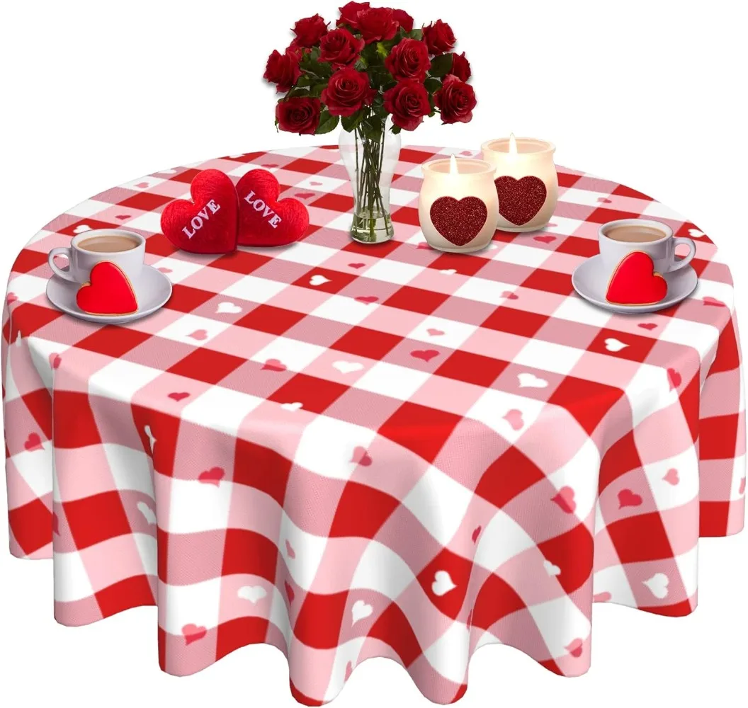 Valentine's Day Heart Buffalo Plaid Pink Red Round Tablecloth,for Kitchen Party Dinner Tabletop Decoration Table Cloths,59inch