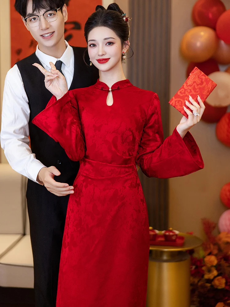 

Red Qipao Wedding Dr Vintage Sle Beaded Pearl Mid-Waist Long Sve Mid-Length Pure Color for Engagement Par Wedding