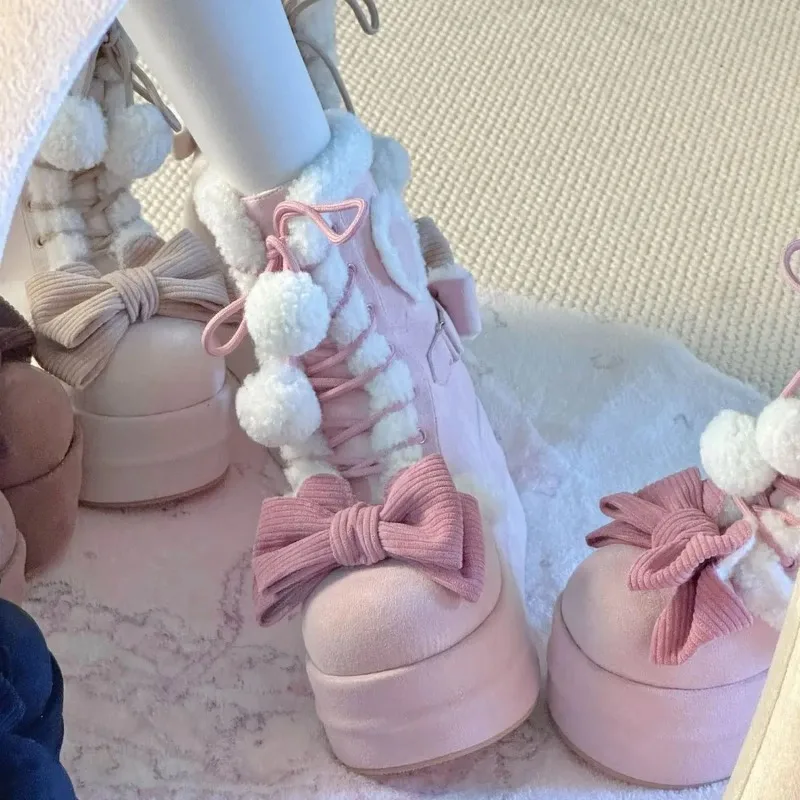2025 Winter Lolita Boots Sweet Mid-Calf Snow Boots Bowknots Wedge Heightening Shoes Flannel Female Boots Woman Warm Chunky Shoes view 3