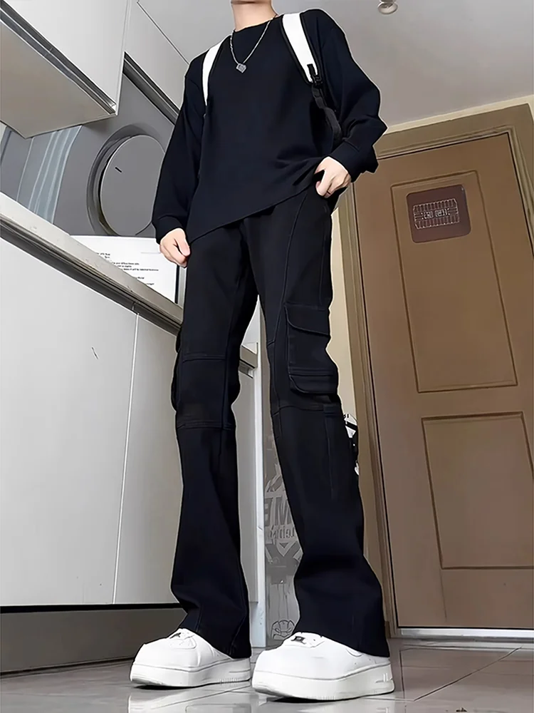 

Мужские рабочие брюки черного цвета с множеством карманов, удлиненные, прямого кроя, расклешенные, с высокой талией, в уличном стиле, повседневные джинсы