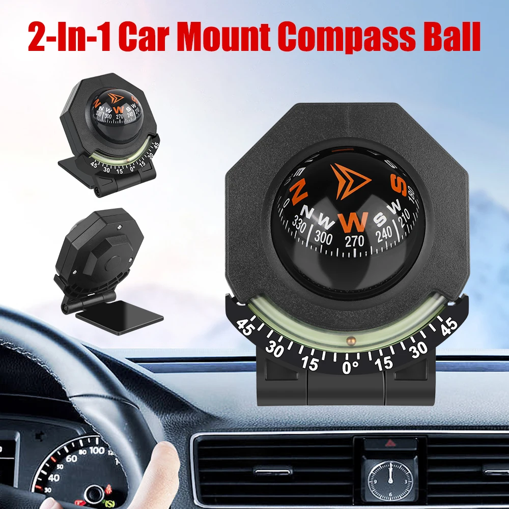 2-In-1 Foldable Car Mount Compass Ball High Precision Navigation Compass for Vehicle Boat With Slope Meter Car Dashboard Compass