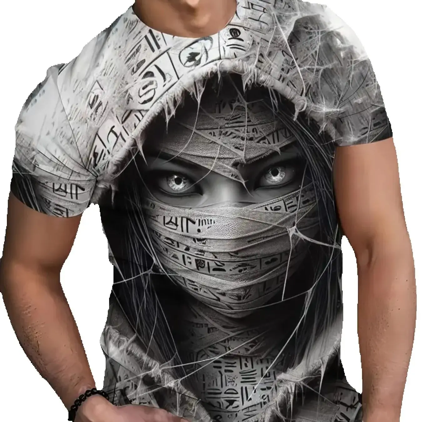 تي شيرت رجالي مطبوع عليه وجه المومياء المصرية تي شيرت رياضي للجري في صالة الألعاب الرياضية ملابس كاجوال عادية بأكمام قصيرة قميص كبير الحجم