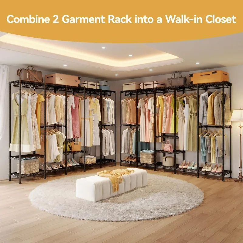 H5 Extra Large Wire Garment Rack, Heavy Duty Clothes Rack, Large Wardrobe Closet, Freestanding Closet Rack for Hanging Clothes,