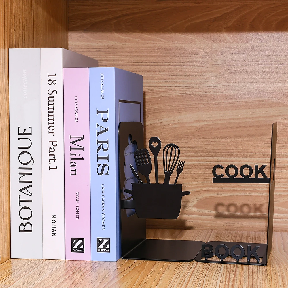 Creative kitchen themed metal bookshelf paired with black wrought iron bookshelf, desktop bookshelf, suitable for home learning.