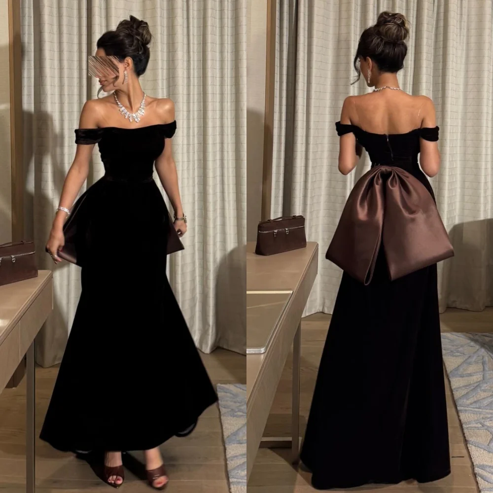 

Customized Elegant Velour Pleat Bow A-line Off-the-shoulder Long Dresses Bespoke Occasion Dresses Chinese Style