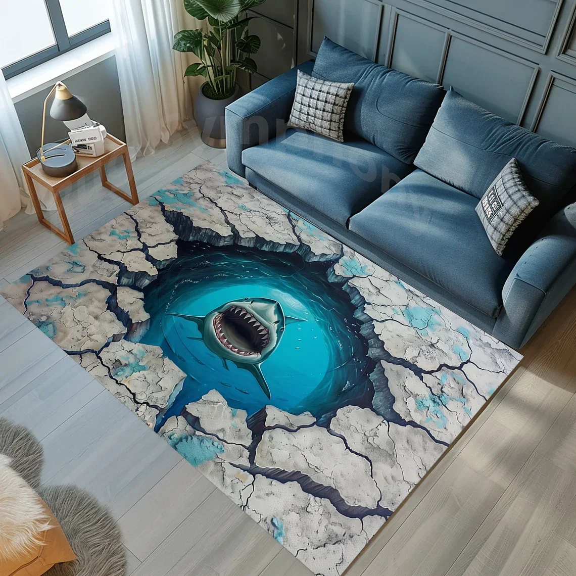 Shark Rug 3D Ocean Design Floor Mat Realistic Shark Pattern Area Rug for Living Room Bedroom Modern Home Decor