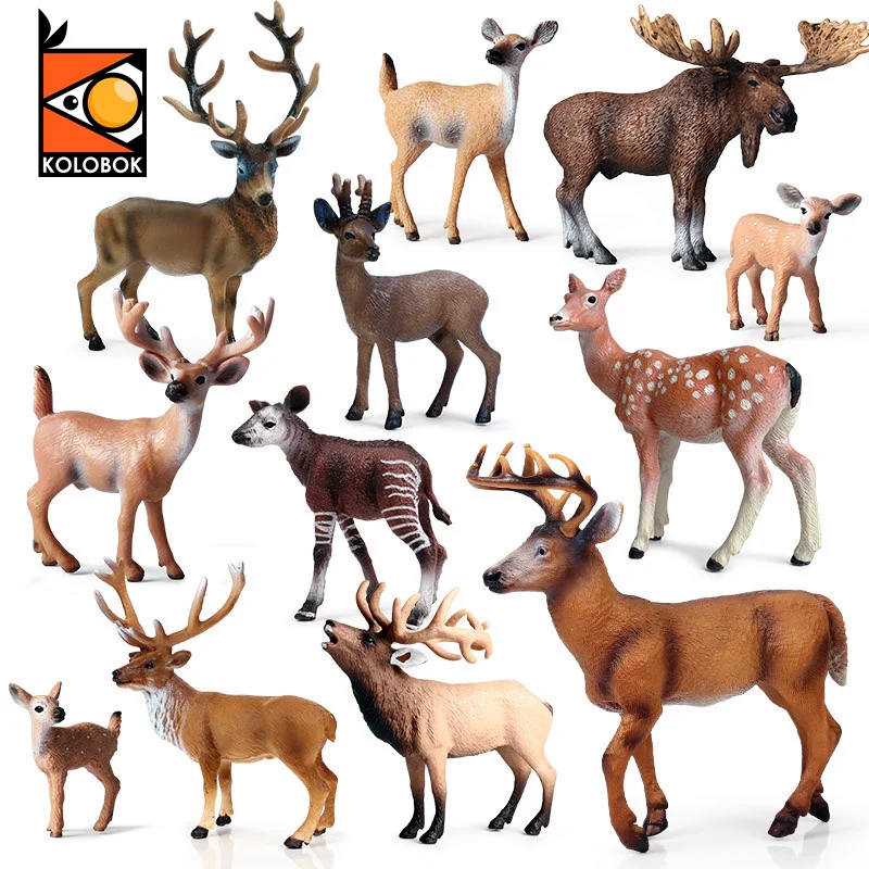 Kolobok Wild Elk Moose Wapiti Sika Deer Animals Model Action Figures PVC Education Cake Toppers Cute Decoration Toy Kid Gift