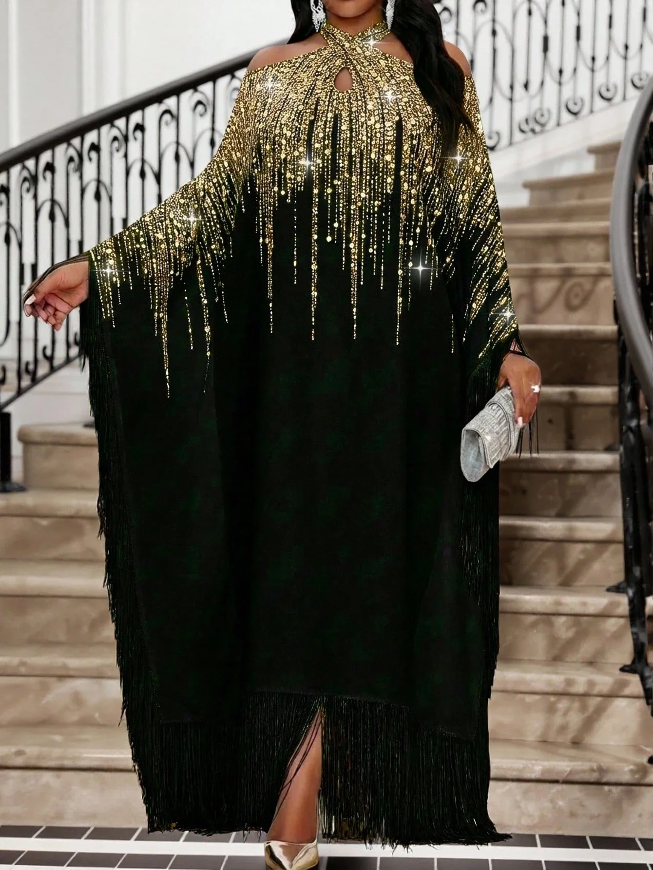 

Black Gold Fringe Off Shoulder Batwing Sleeve Maxi Dress For Party Evening