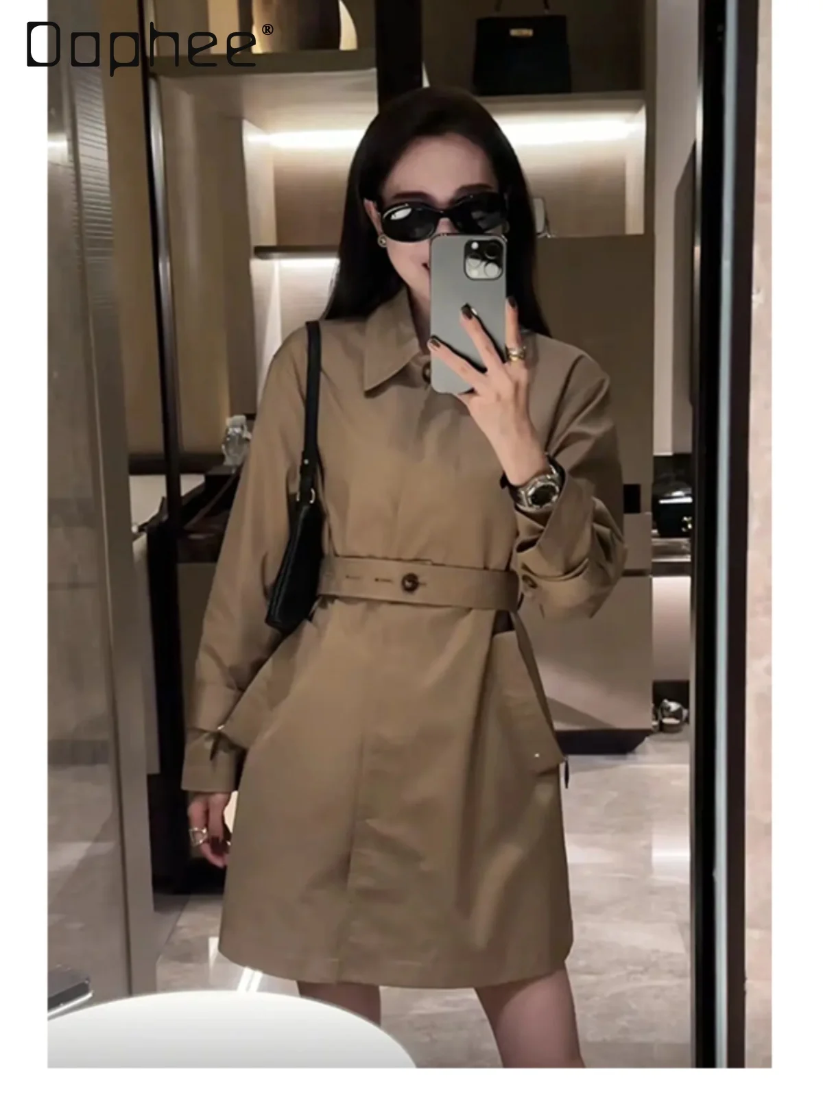 Autumn French Trench Coat Lapel Medium Length Temperament with Belt Long Sleeve Jacket Elegant Ladies Windbreaker Commute