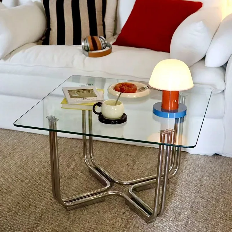 antique transparent low table high-end household utensils living room minimalist stainless steel square