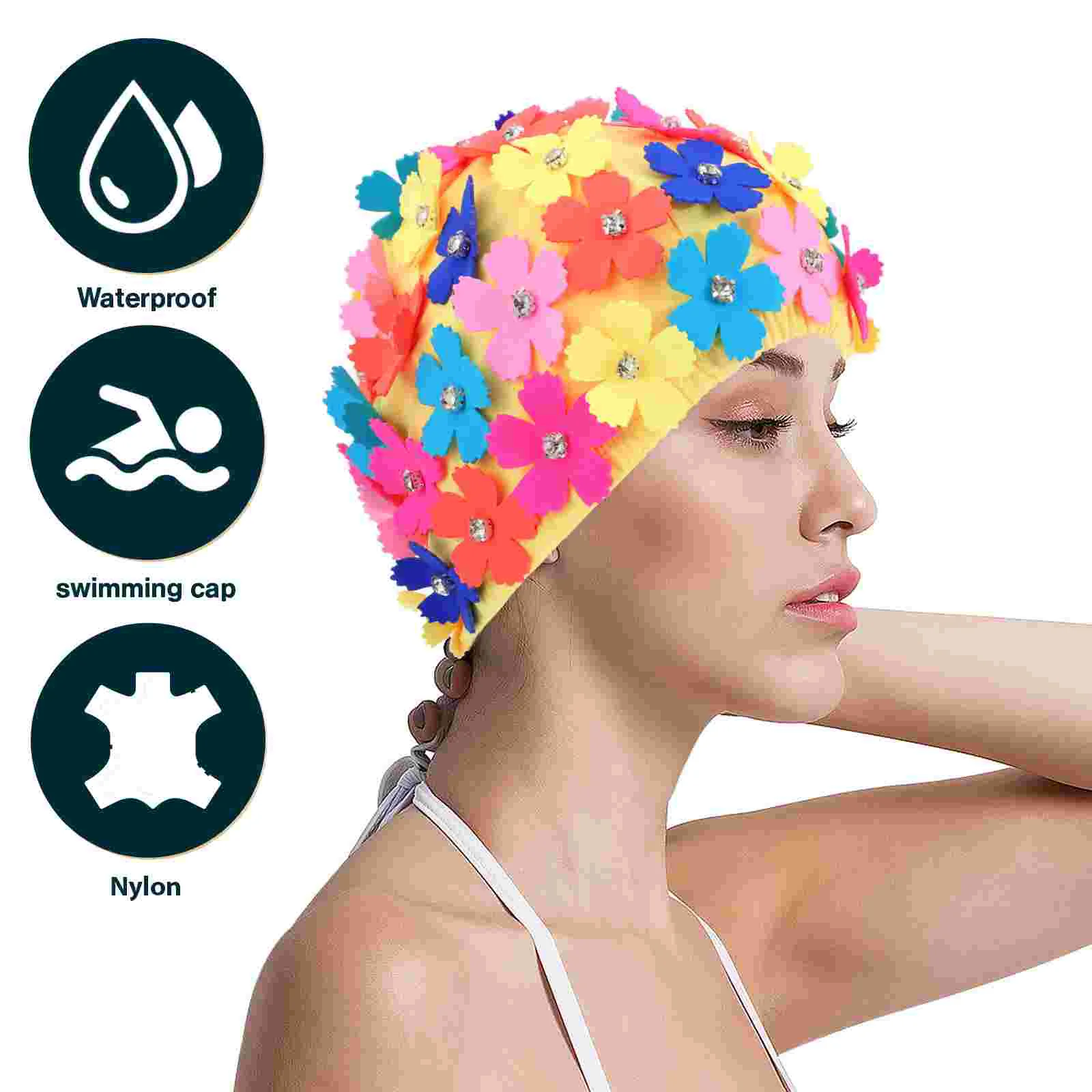 Simulation Flower Petal Shower Cap Swimming Caps Ladies Hat Women Bathing Rhinestone Floral Design Nylon Decorate