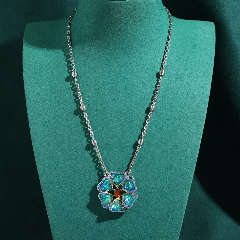 

Vintage Pendant Flower Necklace Opal Bright Blue High Brand Luxury Picnic Jewelry Silver Color For Women 2026 New Tendency Charm