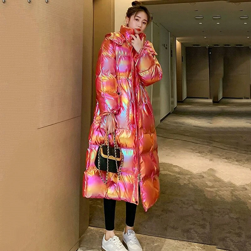 

Winter New Glossy Waterproof Long Parka Women Winter Long Shiny Colorful Thick Loose Jacket Large Thick Down Cotton Outerwear