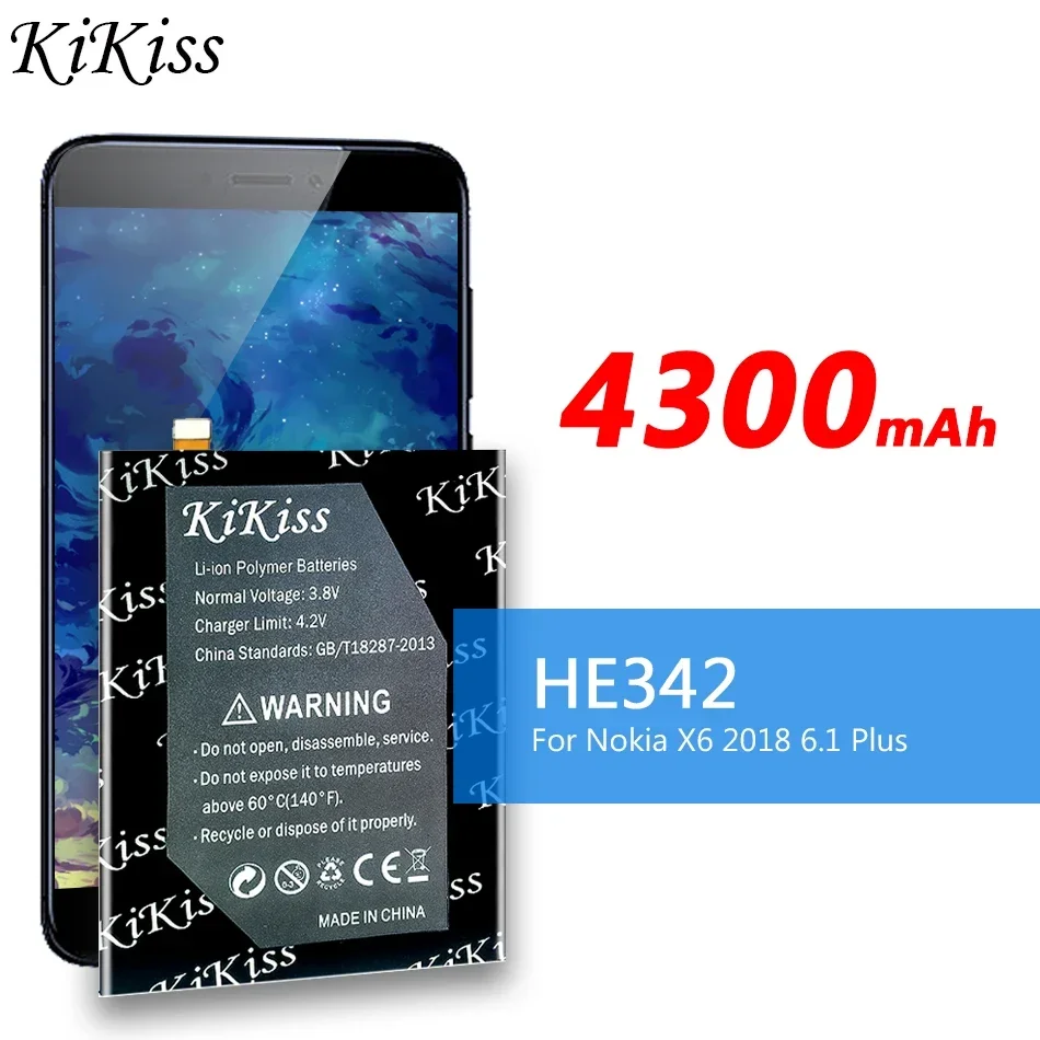 KiKiss High Capacity 4300mAh Battery HE 342 HE342 For Nokia X6 / 5.1 Plus / 6.1 Plus 2018 TA-1099 X5 TA-1109 Batteries + Tools