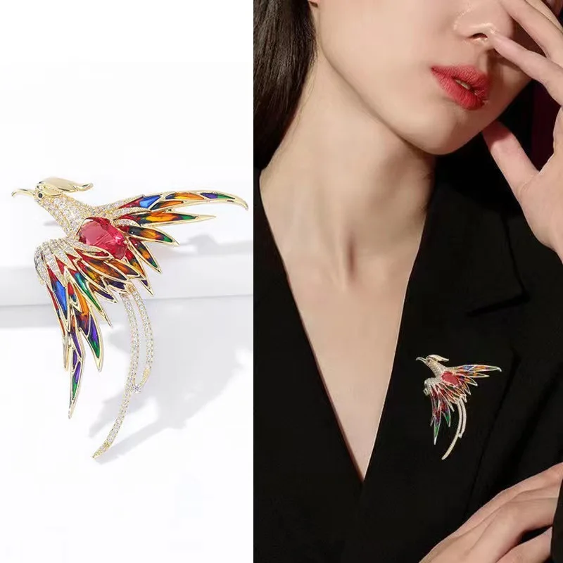 Elegant Brooch Exquisite Long-tailed Pin Rhinestone Long Tail Phoenix Bird Crystal Pins Color Suit Accessories Jewelry Gift