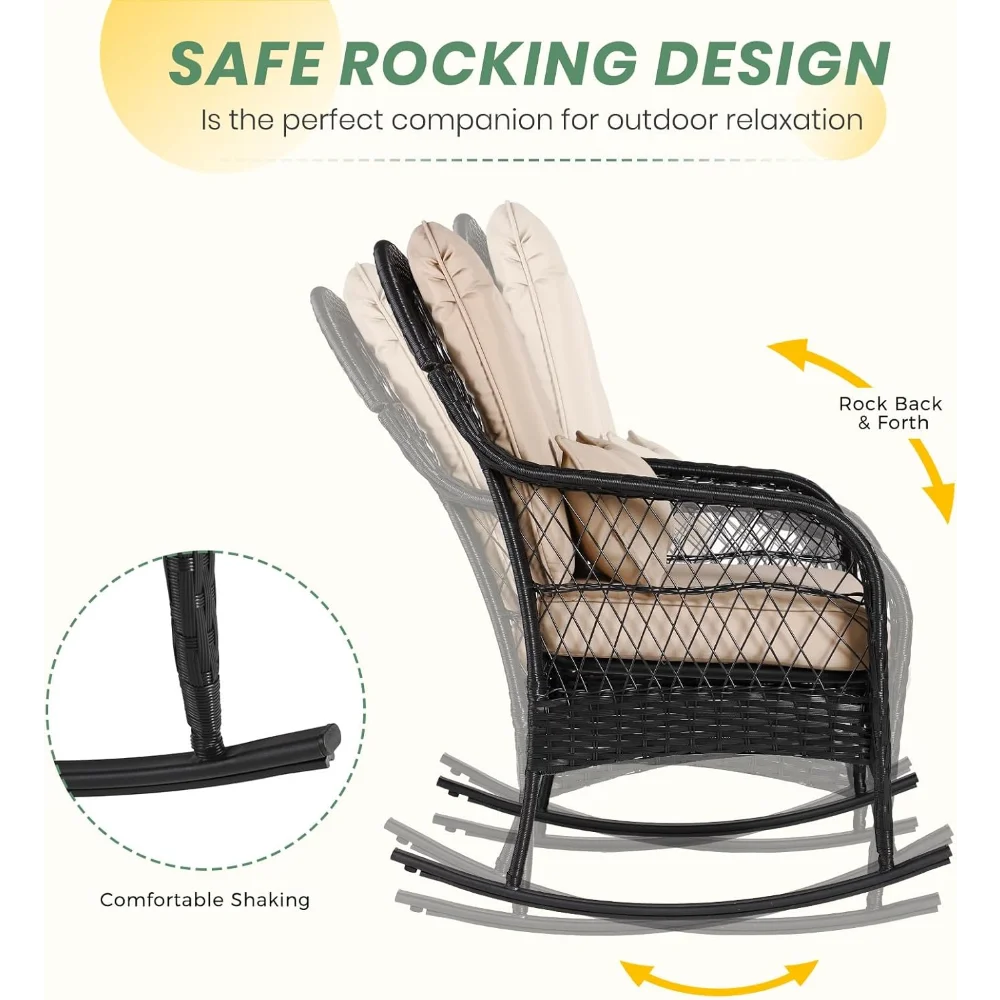 Kursi Goyang Luar Ruangan, Kursi Goyang Rotan Anyaman Teras dengan Bantal, Set Furnitur Anyaman Goyang untuk Dek, Teras