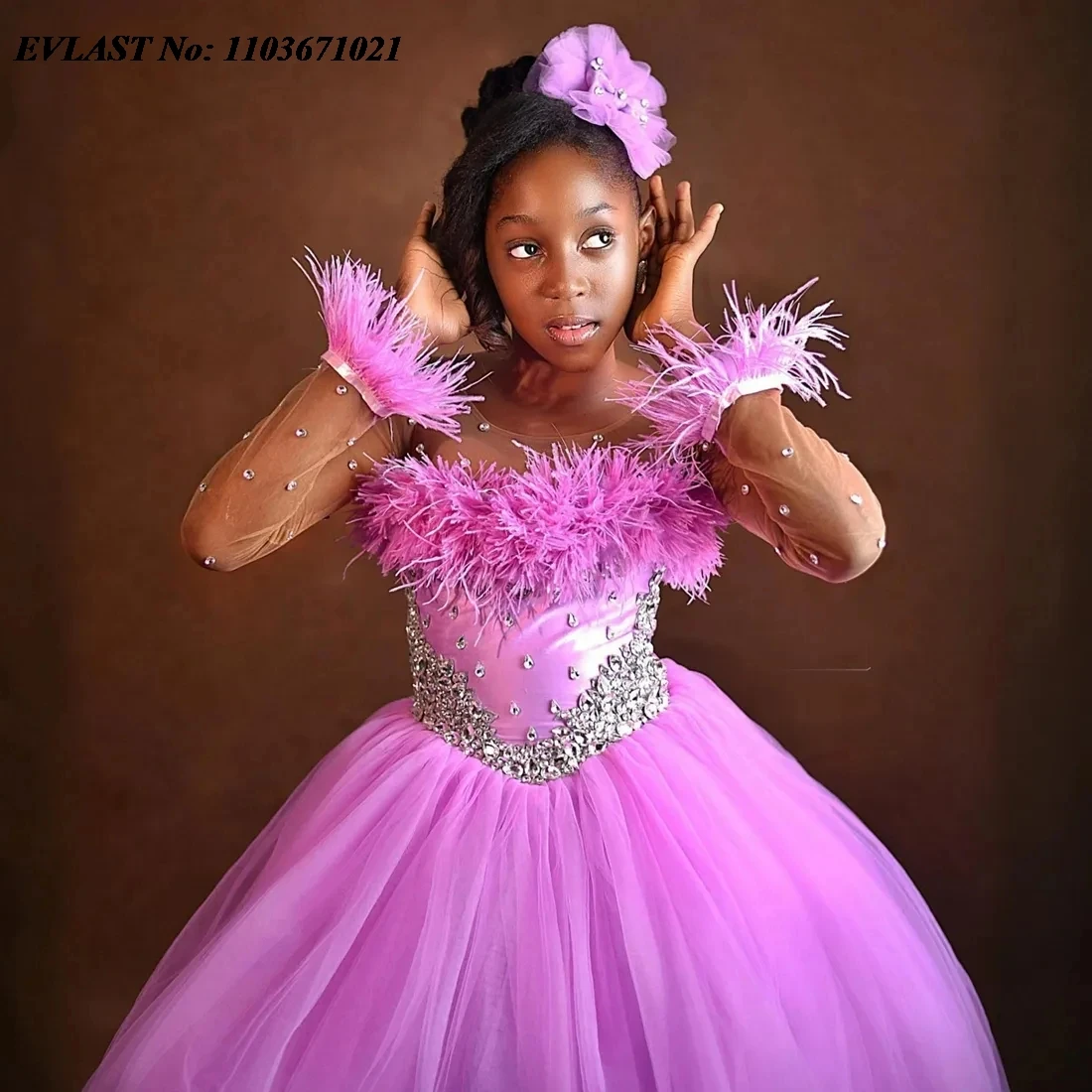 EVLAST Customized Pink Flower Girl Dress Ball Gown Beading Girl Pageant Gowns Long Sleeve Communion Girls Party Dress FD09