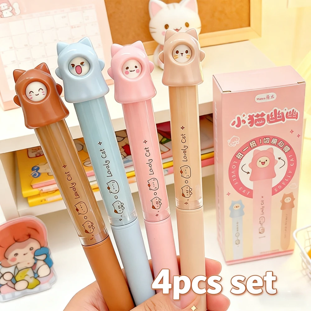 4Pcs/Set Lovely Cat Gel Pens 0.5mm Black Ink Neutral Pen Smooth Writing Rotating Gel Pen Funny Stationery School Student Supply