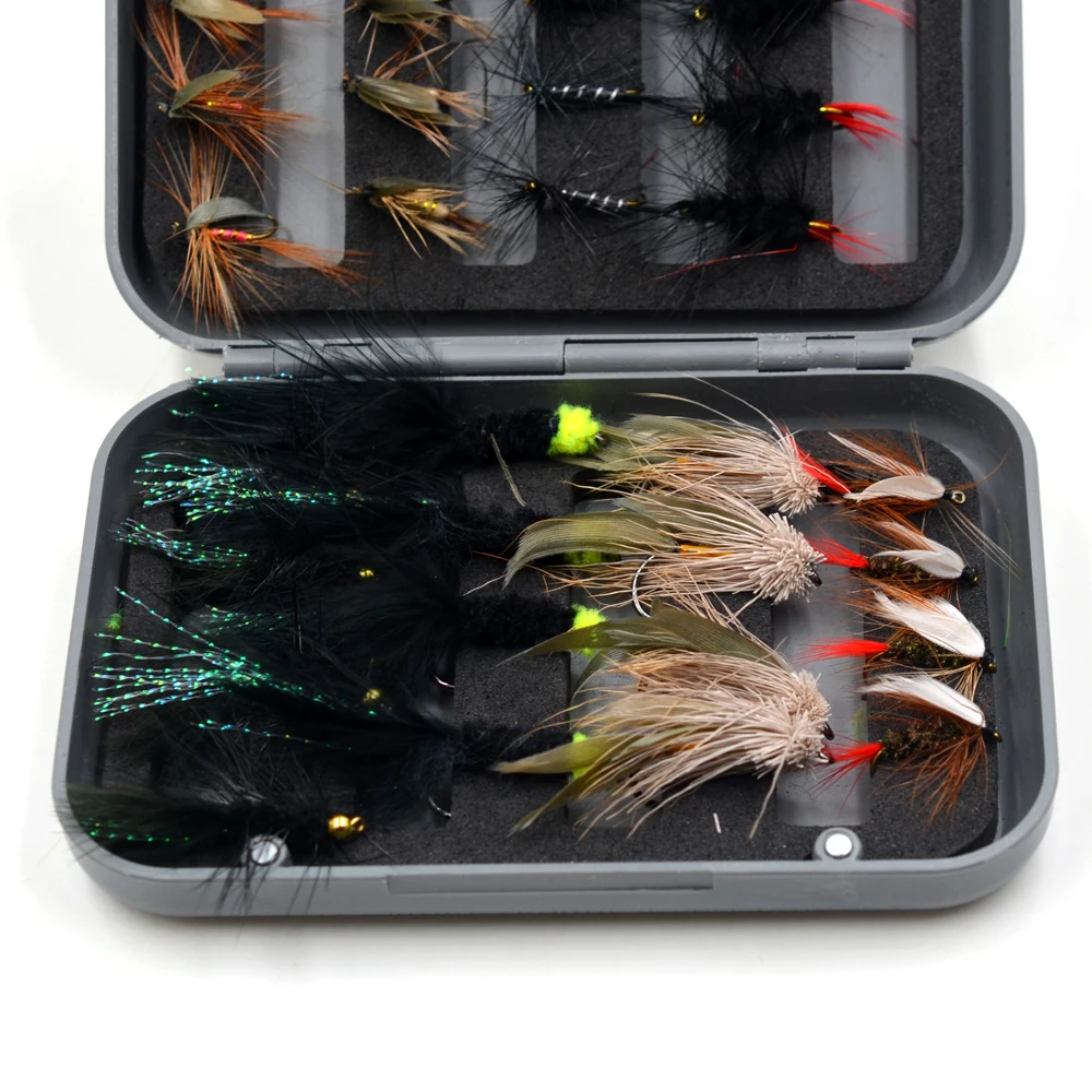MNFT 32Pcs/Boxed Black Brown Dry Flies Fly Fishing Lure Wooly Bugger Streamer Trout Nymph Lures Carp Artificial Fish Bait