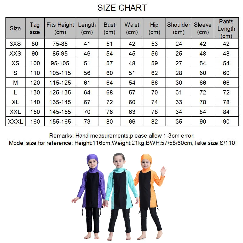 Fatos de banho infantis de duas peças, tops e calças de manga comprida, hijab muçulmano, roupas de banho para meninas de 2 a 15t