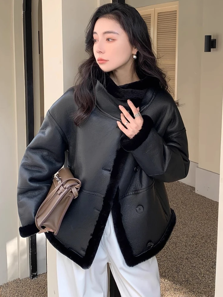 Black Genuine Leather Real Fur Coats for Women High-end Simple Stand Collar Double-sided Wear Design Winter Lambswool Jacket
