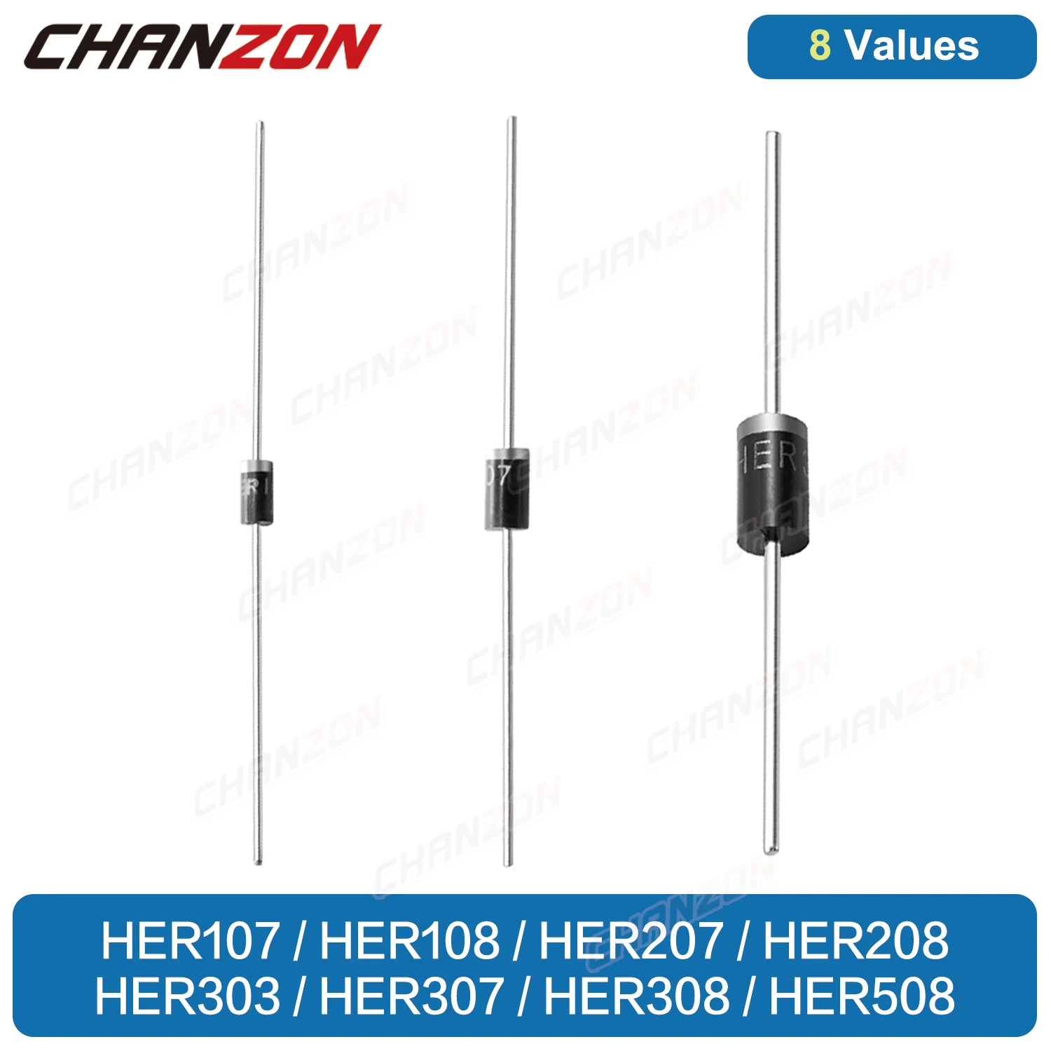 HER107 HER108 HER207 HER208 HER303 HER307 HER308 HER508 Hocheffiziente Gleichrichterdiode DO-15 DO-41 DO-201AD Axial 50-70ns