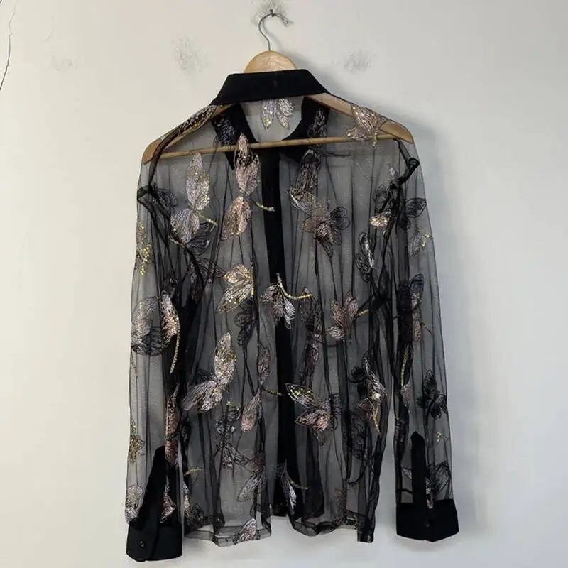 Sheer Mesh Design Men's Shirt Sequin Embroidery Decoration Niche Trend Long Sleeve Single-breasted Loose Men Shirts CVBG