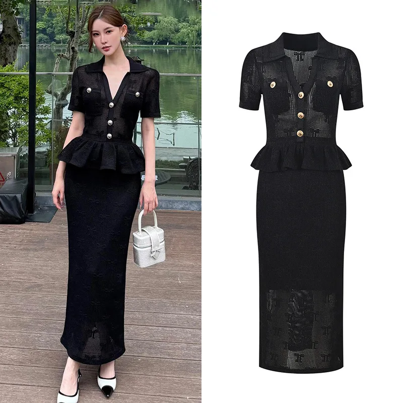 

Black V-neck Long Dress with Temperament, Fashionable and Elegant Slim Fit and Slim Ruffle Splicing 2025 Summer New Style Dress