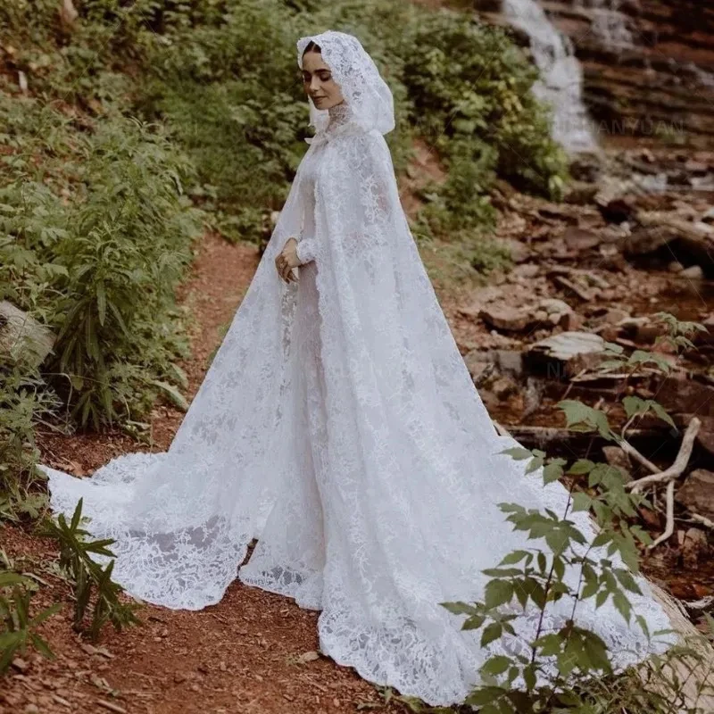 Vestidos de novia de encaje con capa, 2 piezas, cuello alto, manga larga, árabe, musulmán, sirena, 2 en 1