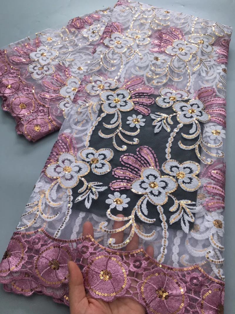 African French Mesh Lace Fabric Latest 2025 Nigerian Milk Silk Lace Embroidered Fabric with Sequins for Women Dress,2.5Yards4114