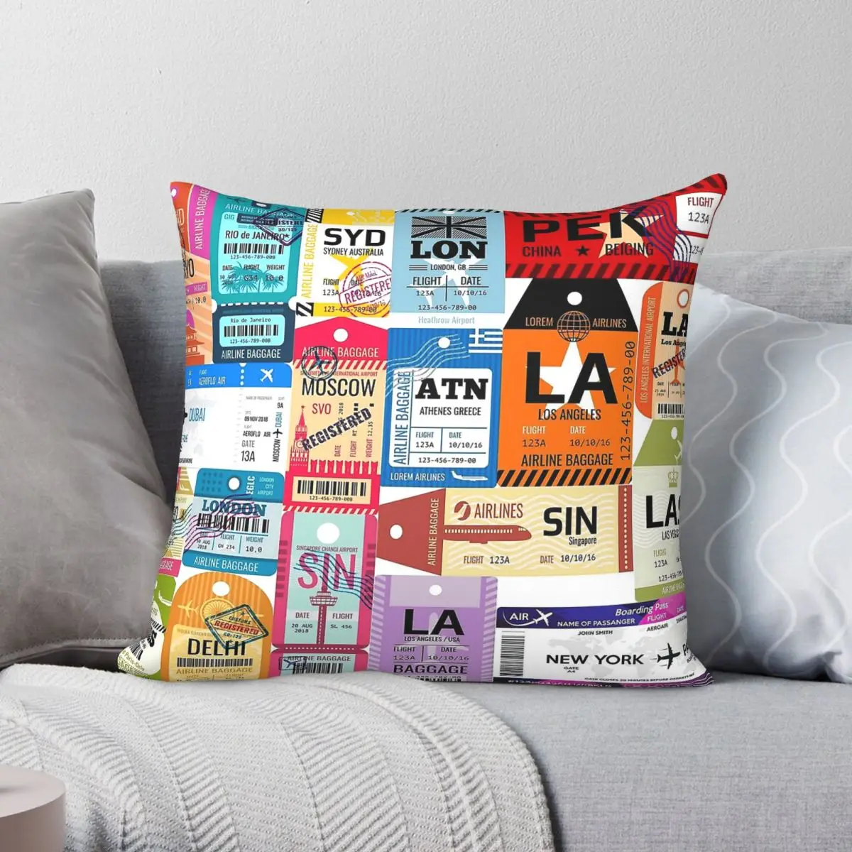 Aviation Boarding Pass And Tags Square Pillowcase Polyester Linen Velvet Pattern Zip Decorative Home Cushion Cover