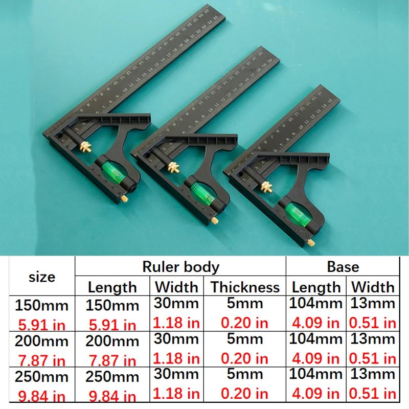 Imagem -06 - Régua Móvel Régua de Ângulo Transferidor Alinhamento de Nível Ferramentas para Madeira 150 mm 200 mm 250 mm