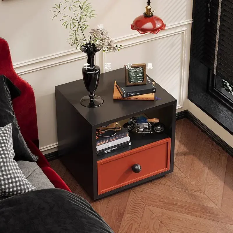 Vintage Contrast Color Bedside Cabinet Double Drawer Design Single Round Knob Minimalist Sofa Corner Small Storage Night Table